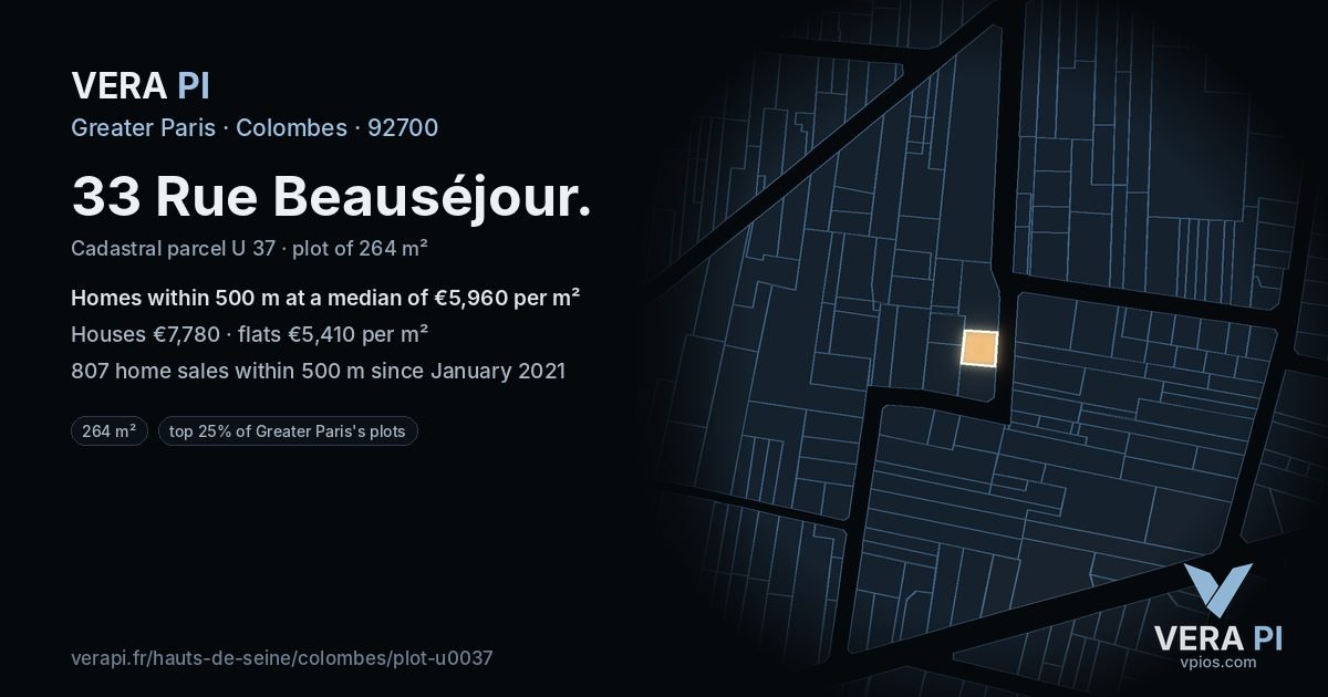 33 Rue Beauséjour, Colombes at night – the plot lit, the parcels around coloured by the prices near them