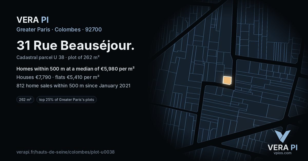 31 Rue Beauséjour, Colombes at night – the plot lit, the parcels around coloured by the prices near them