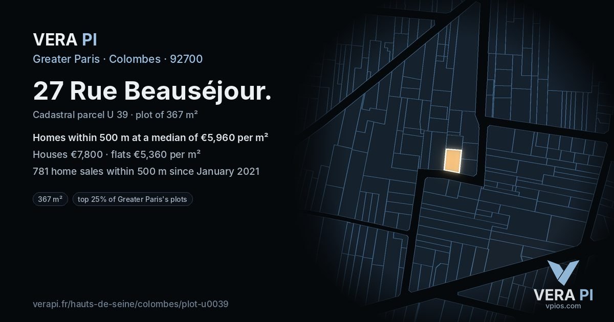 27 Rue Beauséjour, Colombes at night – the plot lit, the parcels around coloured by the prices near them