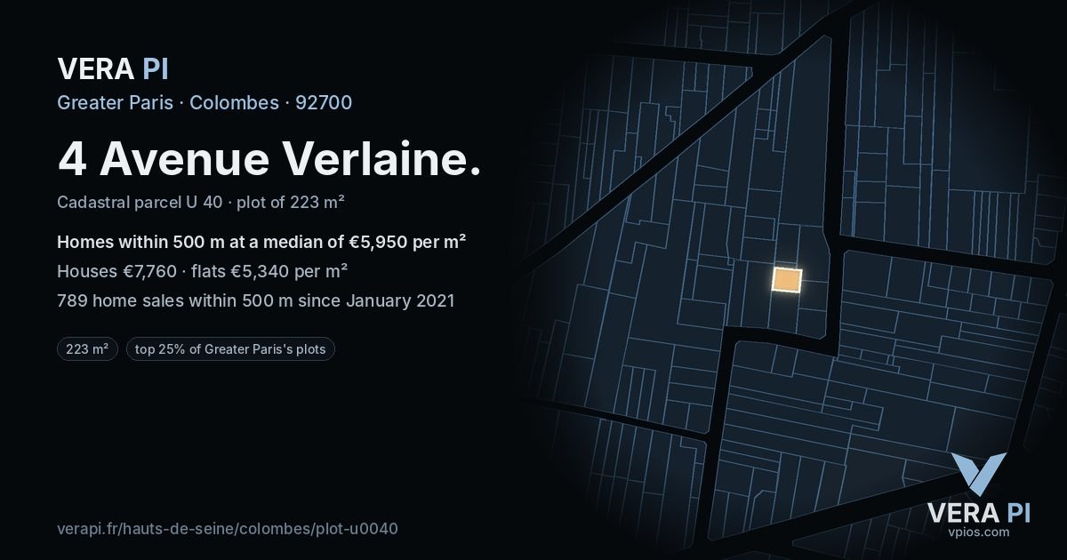 4 Avenue Verlaine, Colombes at night – the plot lit, the parcels around coloured by the prices near them