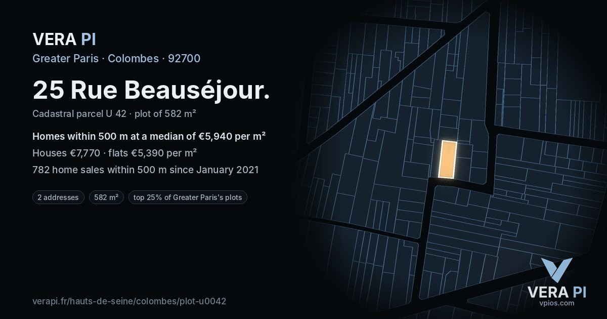 25 Rue Beauséjour, Colombes at night – the plot lit, the parcels around coloured by the prices near them