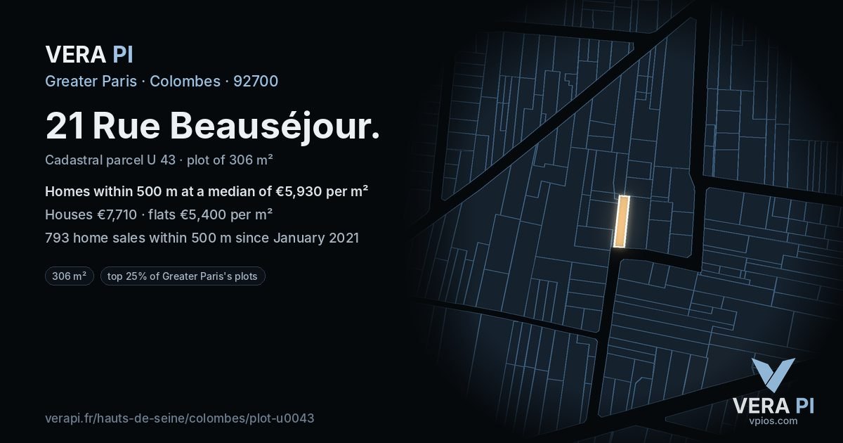 21 Rue Beauséjour, Colombes at night – the plot lit, the parcels around coloured by the prices near them