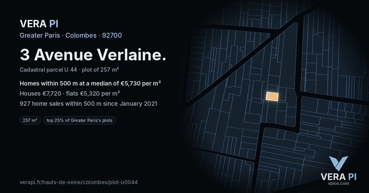 3 Avenue Verlaine, Colombes at night – the plot lit, the parcels around coloured by the prices near them