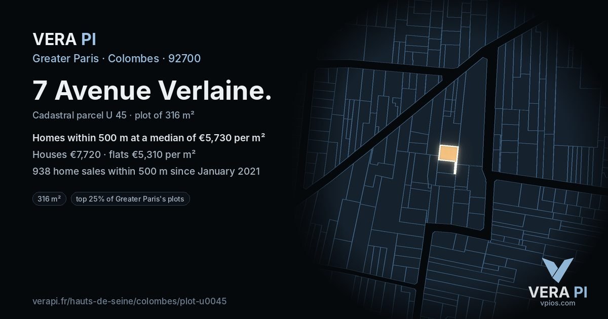 7 Avenue Verlaine, Colombes at night – the plot lit, the parcels around coloured by the prices near them