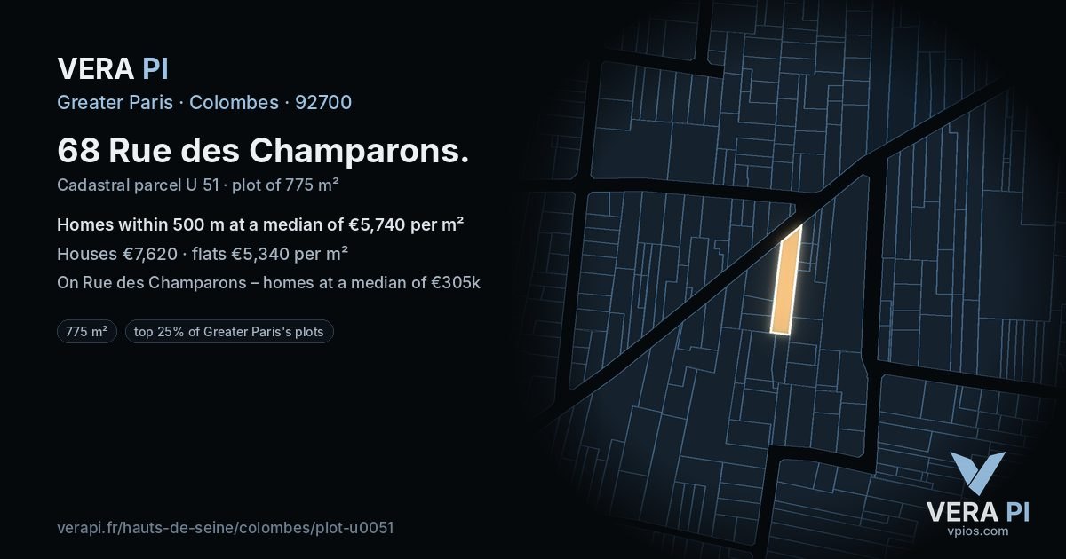 68 Rue des Champarons, Colombes at night – the plot lit, the parcels around coloured by the prices near them