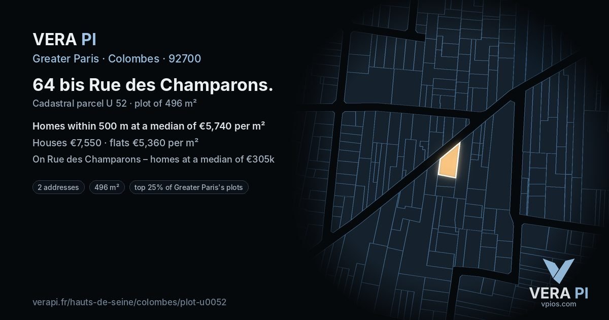 64 bis Rue des Champarons, Colombes at night – the plot lit, the parcels around coloured by the prices near them