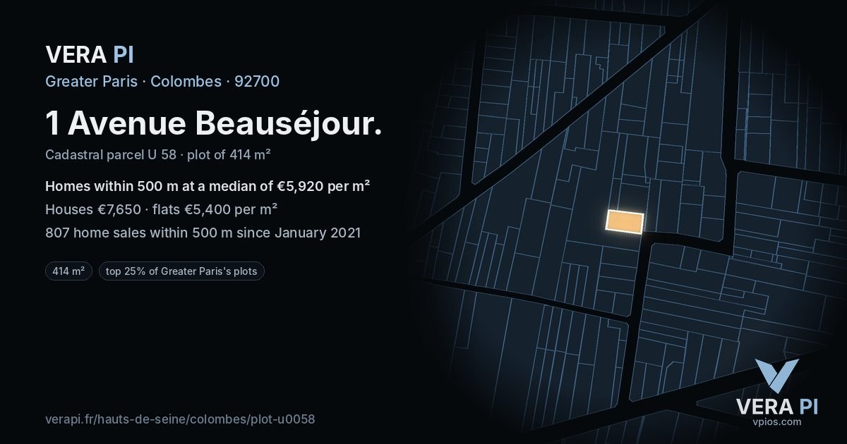 1 Avenue Beauséjour, Colombes at night – the plot lit, the parcels around coloured by the prices near them