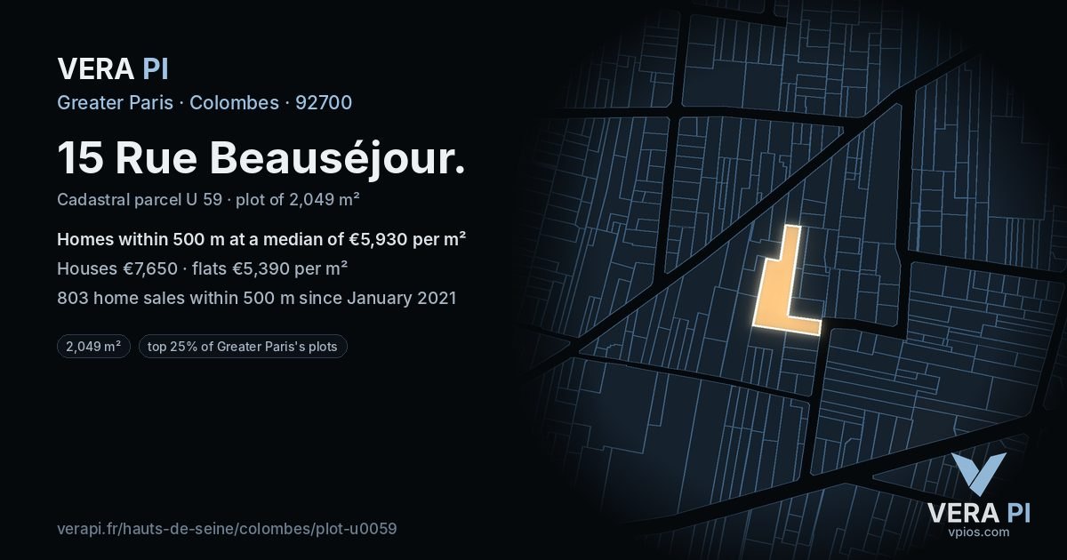 15 Rue Beauséjour, Colombes at night – the plot lit, the parcels around coloured by the prices near them