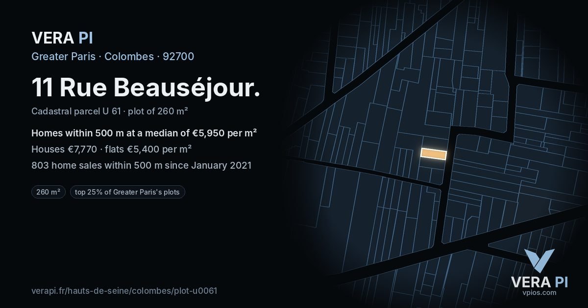 11 Rue Beauséjour, Colombes at night – the plot lit, the parcels around coloured by the prices near them