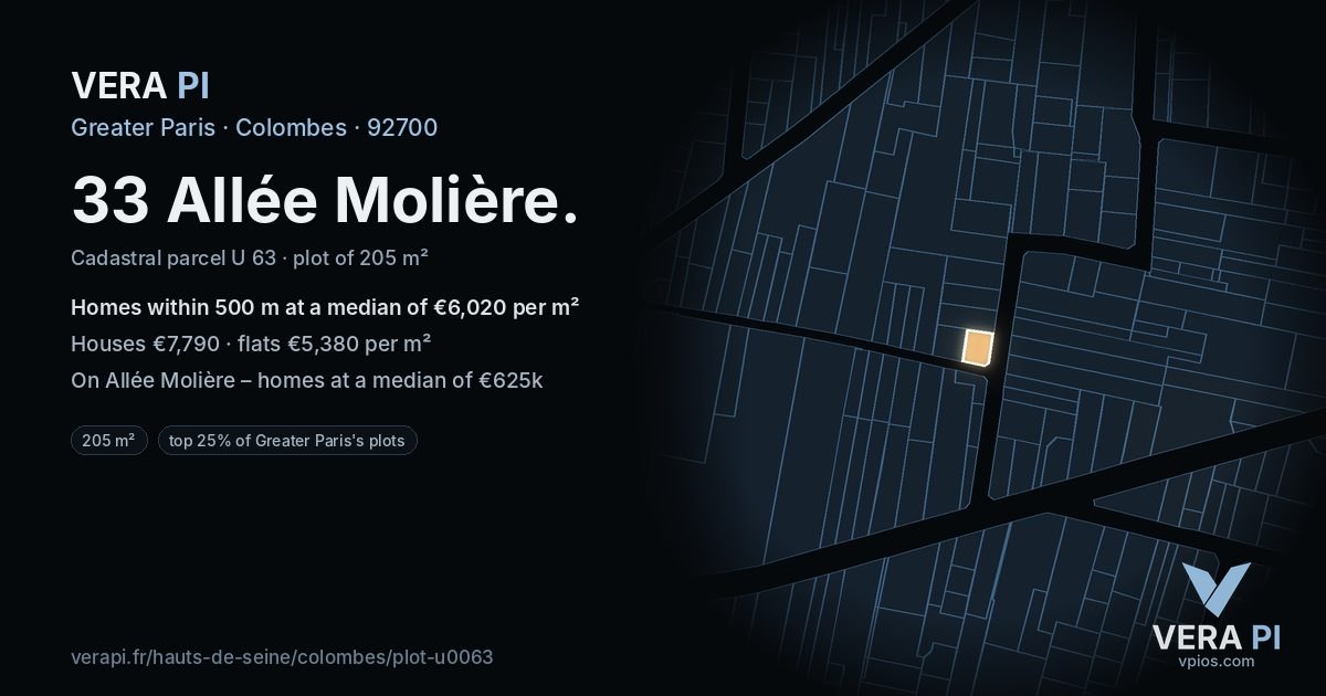 33 Allée Molière, Colombes at night – the plot lit, the parcels around coloured by the prices near them