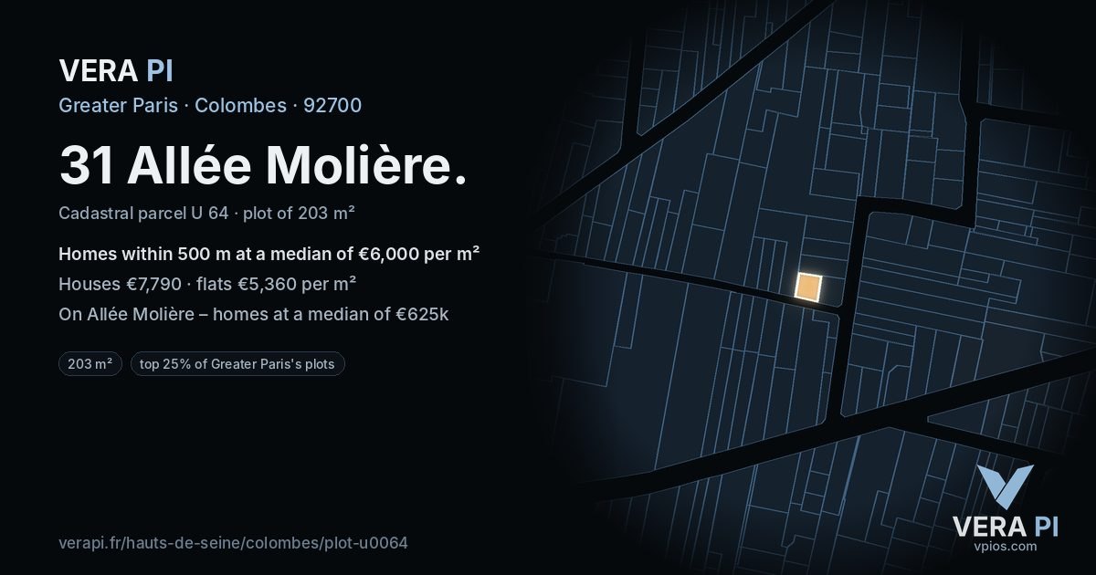 31 Allée Molière, Colombes at night – the plot lit, the parcels around coloured by the prices near them
