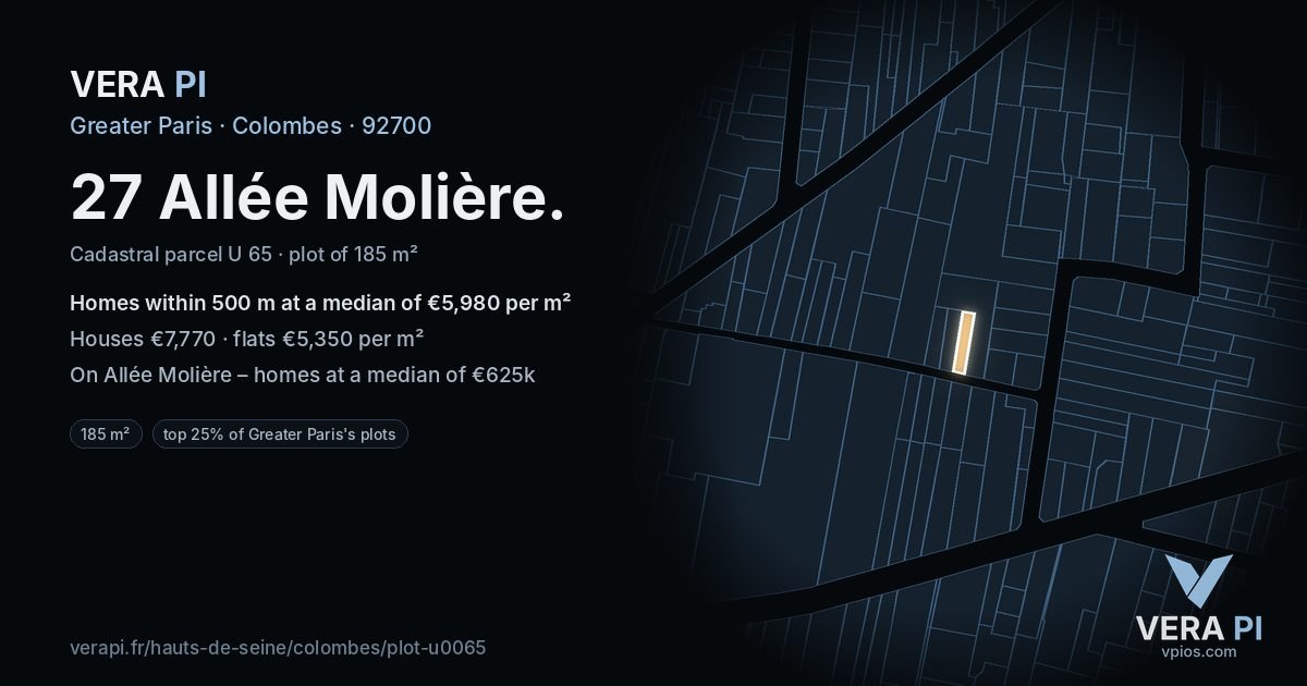 27 Allée Molière, Colombes at night – the plot lit, the parcels around coloured by the prices near them