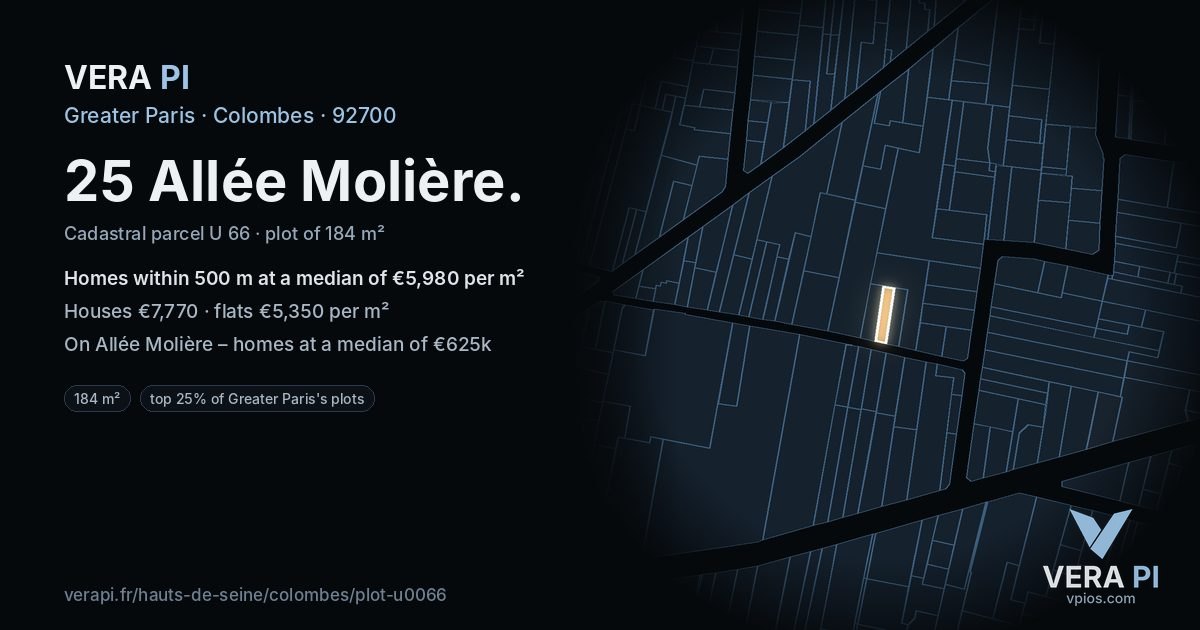 25 Allée Molière, Colombes at night – the plot lit, the parcels around coloured by the prices near them