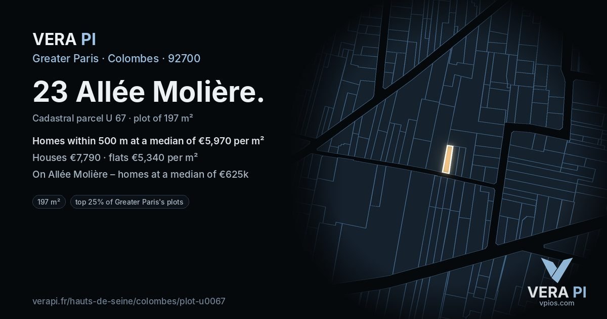 23 Allée Molière, Colombes at night – the plot lit, the parcels around coloured by the prices near them