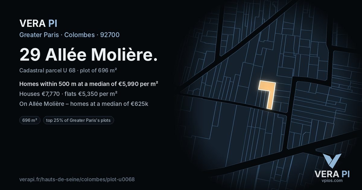 29 Allée Molière, Colombes at night – the plot lit, the parcels around coloured by the prices near them