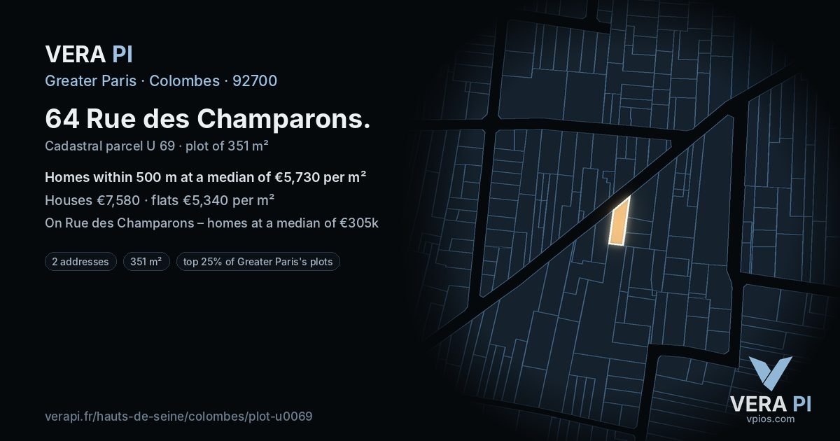 64 Rue des Champarons, Colombes at night – the plot lit, the parcels around coloured by the prices near them