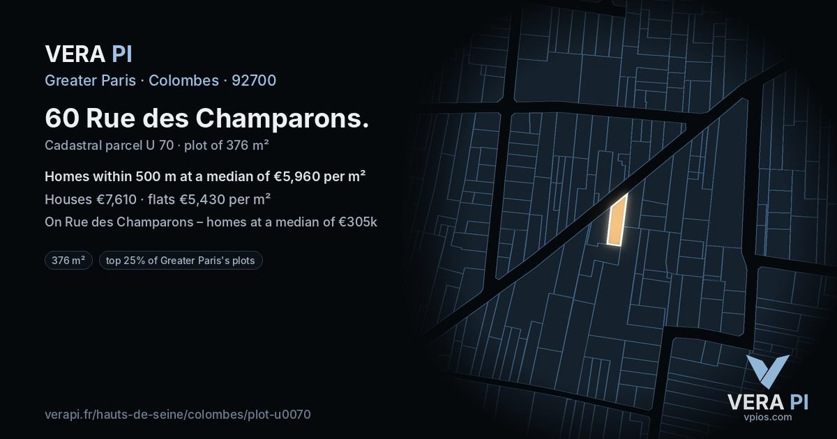 60 Rue des Champarons, Colombes at night – the plot lit, the parcels around coloured by the prices near them