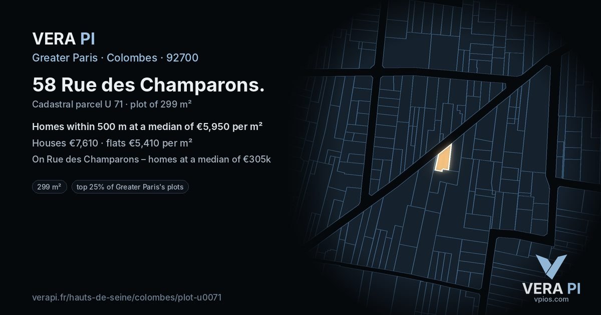 58 Rue des Champarons, Colombes at night – the plot lit, the parcels around coloured by the prices near them