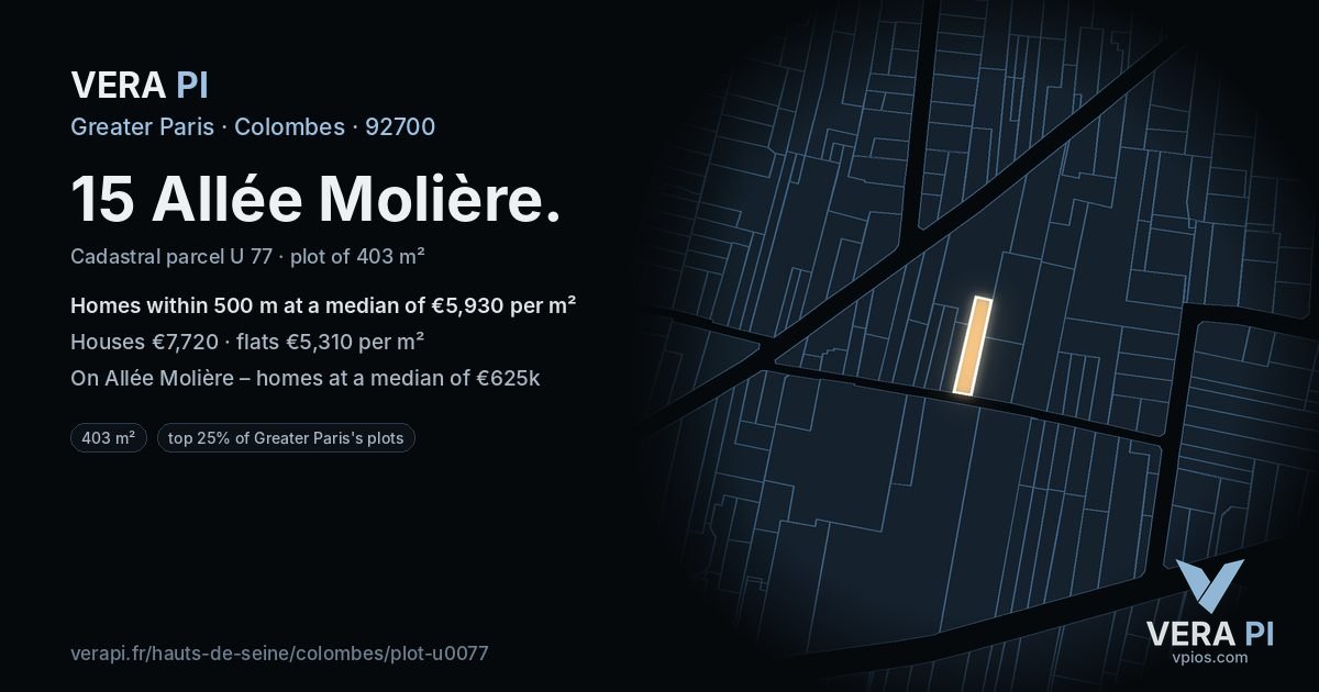 15 Allée Molière, Colombes at night – the plot lit, the parcels around coloured by the prices near them
