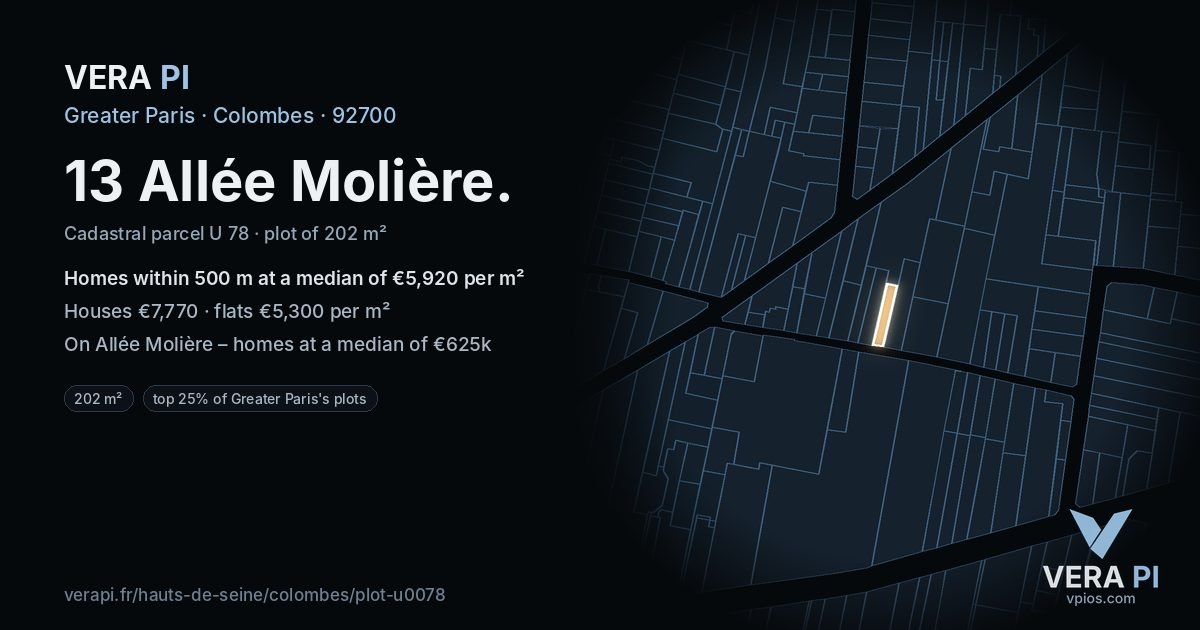 13 Allée Molière, Colombes at night – the plot lit, the parcels around coloured by the prices near them