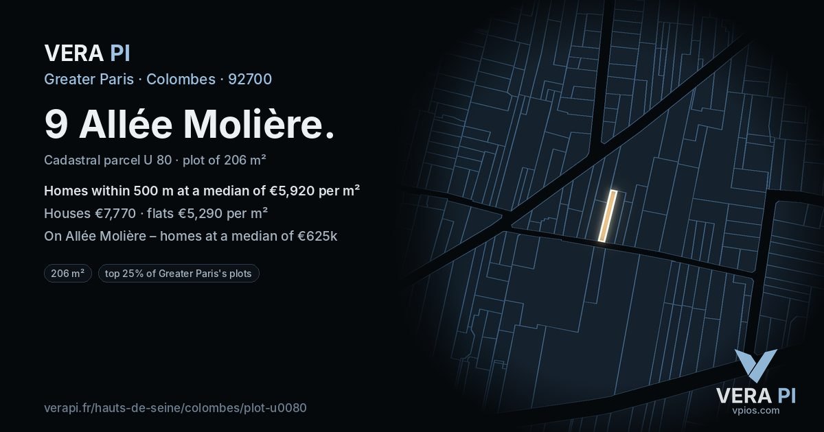 9 Allée Molière, Colombes at night – the plot lit, the parcels around coloured by the prices near them