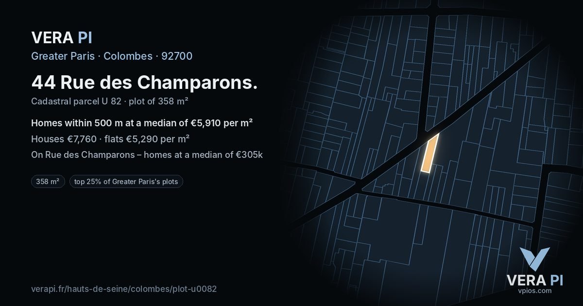 44 Rue des Champarons, Colombes at night – the plot lit, the parcels around coloured by the prices near them