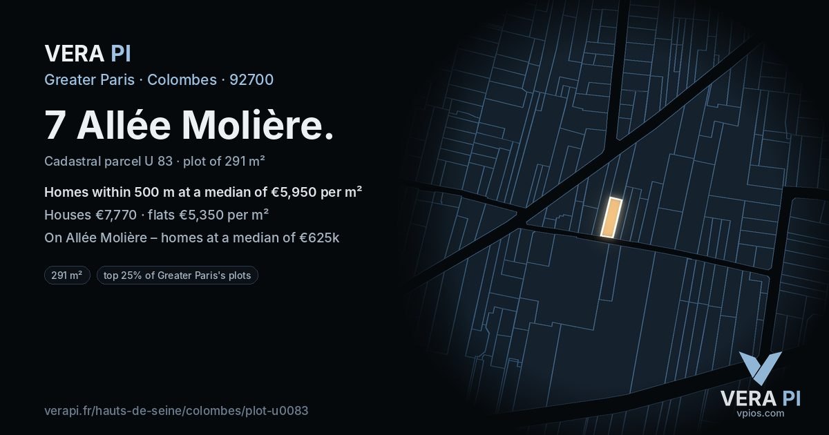 7 Allée Molière, Colombes at night – the plot lit, the parcels around coloured by the prices near them