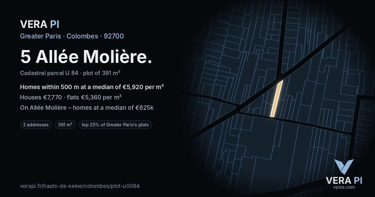 5 Allée Molière, Colombes at night – the plot lit, the parcels around coloured by the prices near them