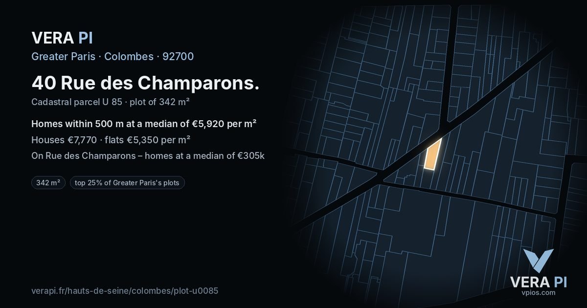 40 Rue des Champarons, Colombes at night – the plot lit, the parcels around coloured by the prices near them