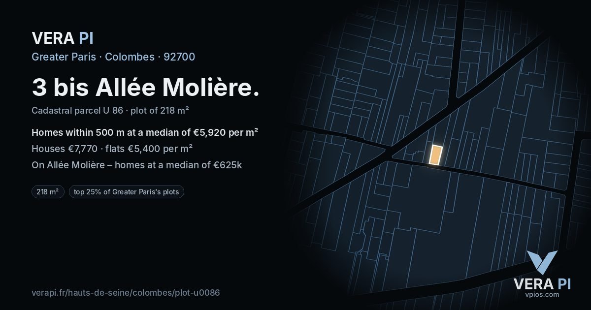 3 bis Allée Molière, Colombes at night – the plot lit, the parcels around coloured by the prices near them