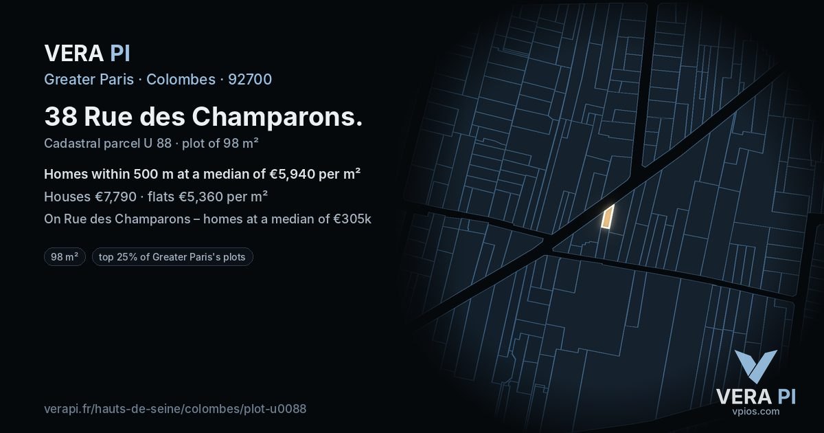38 Rue des Champarons, Colombes at night – the plot lit, the parcels around coloured by the prices near them