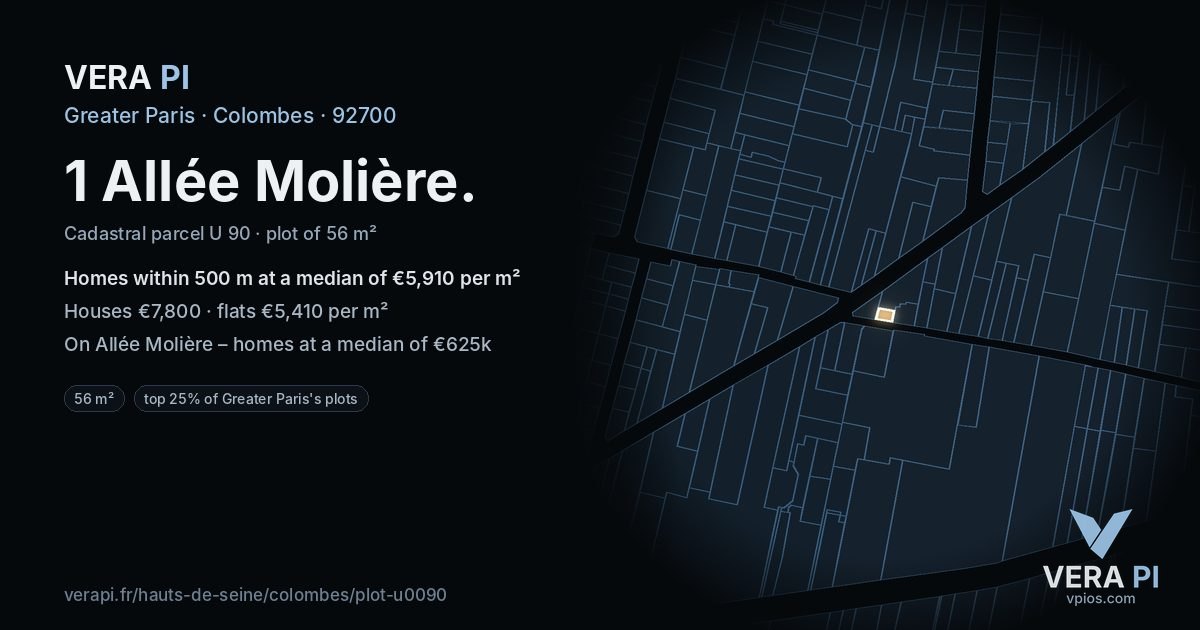 1 Allée Molière, Colombes at night – the plot lit, the parcels around coloured by the prices near them
