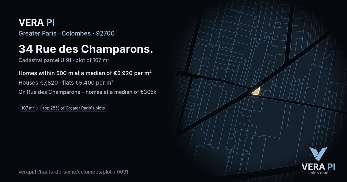 34 Rue des Champarons, Colombes at night – the plot lit, the parcels around coloured by the prices near them