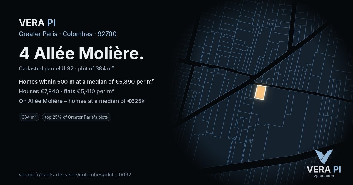 4 Allée Molière, Colombes at night – the plot lit, the parcels around coloured by the prices near them