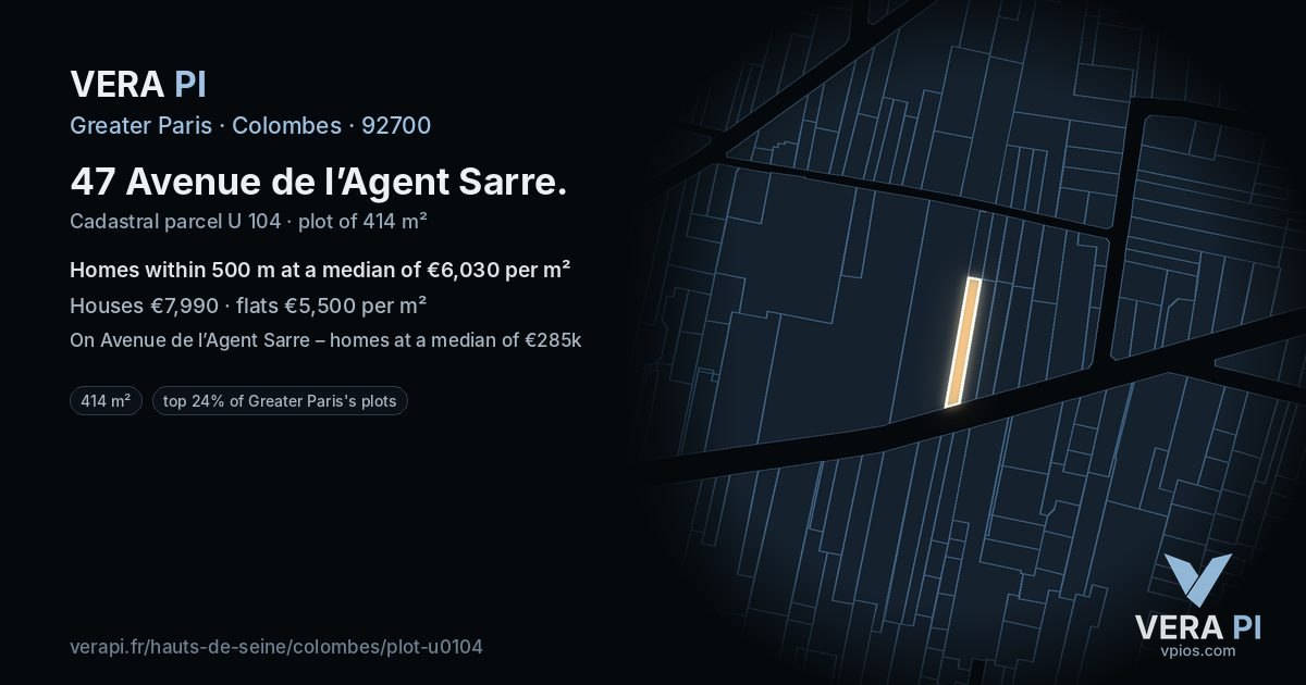 47 Avenue de l’Agent Sarre, Colombes at night – the plot lit, the parcels around coloured by the prices near them