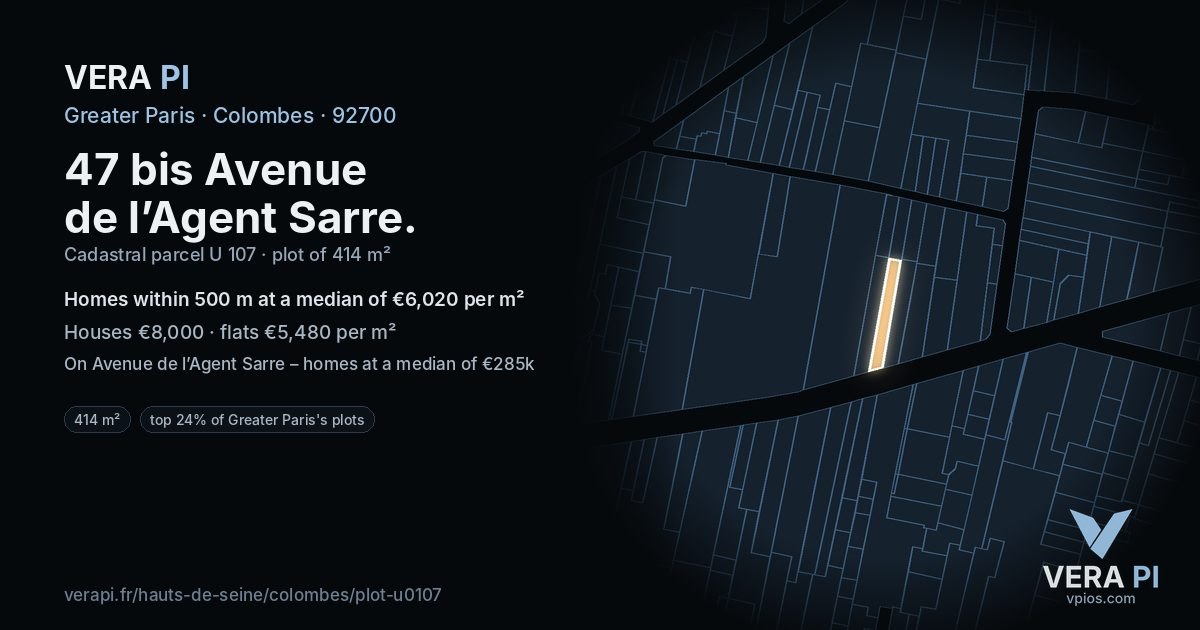 47 bis Avenue de l’Agent Sarre, Colombes at night – the plot lit, the parcels around coloured by the prices near them