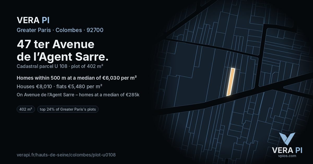 47 ter Avenue de l’Agent Sarre, Colombes at night – the plot lit, the parcels around coloured by the prices near them