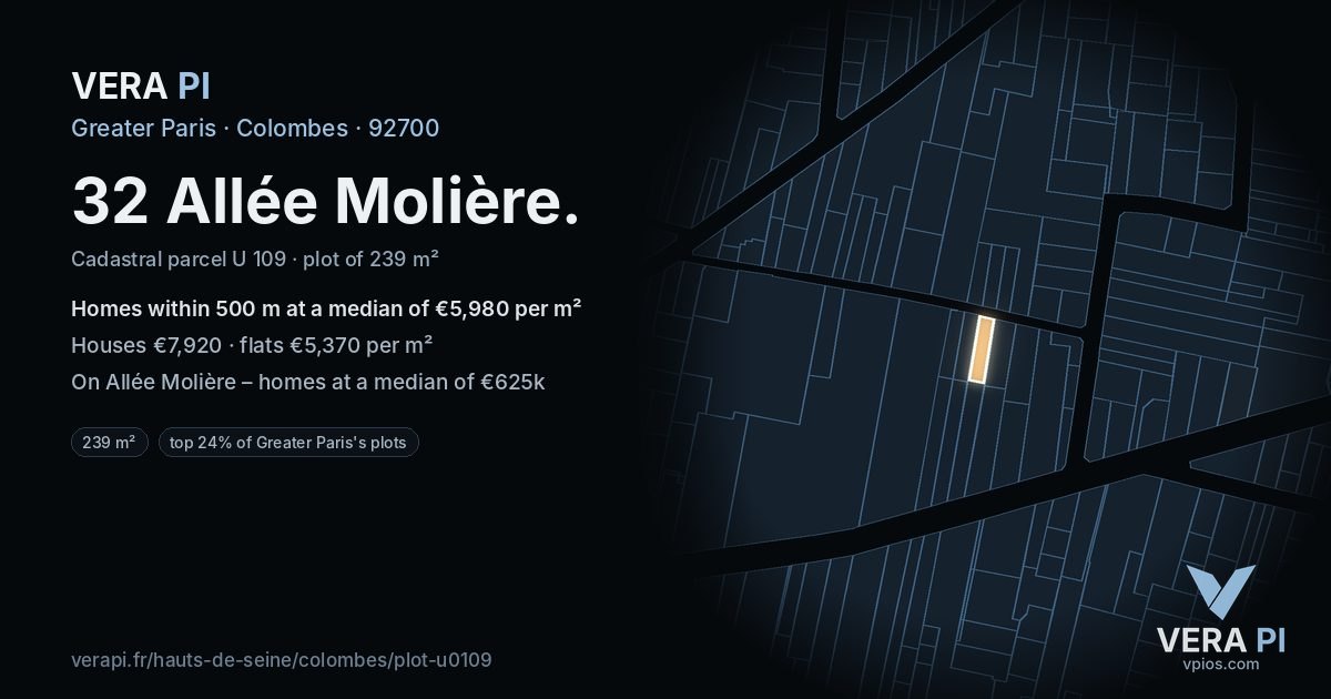 32 Allée Molière, Colombes at night – the plot lit, the parcels around coloured by the prices near them