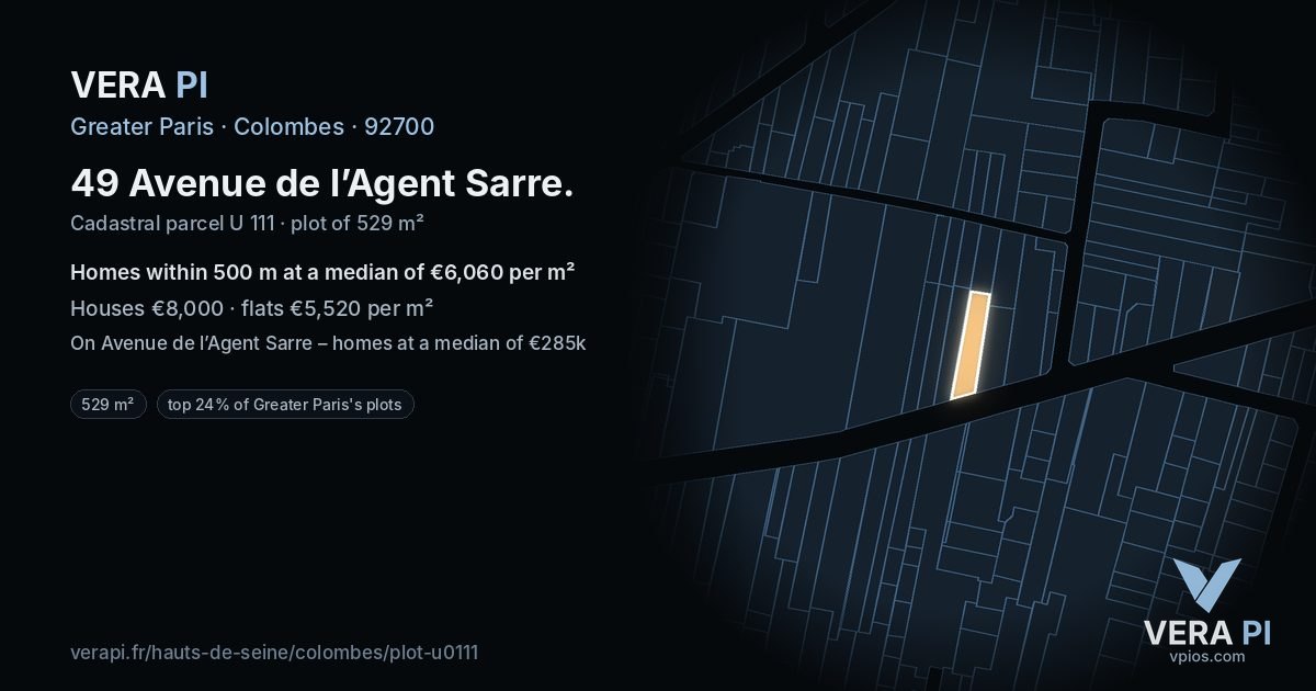 49 Avenue de l’Agent Sarre, Colombes at night – the plot lit, the parcels around coloured by the prices near them