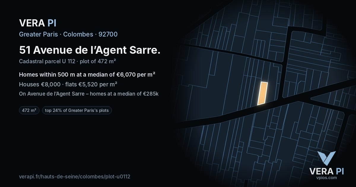 51 Avenue de l’Agent Sarre, Colombes at night – the plot lit, the parcels around coloured by the prices near them