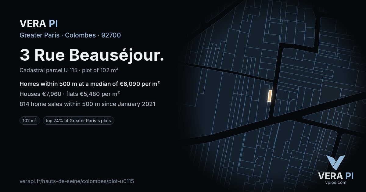 3 Rue Beauséjour, Colombes at night – the plot lit, the parcels around coloured by the prices near them