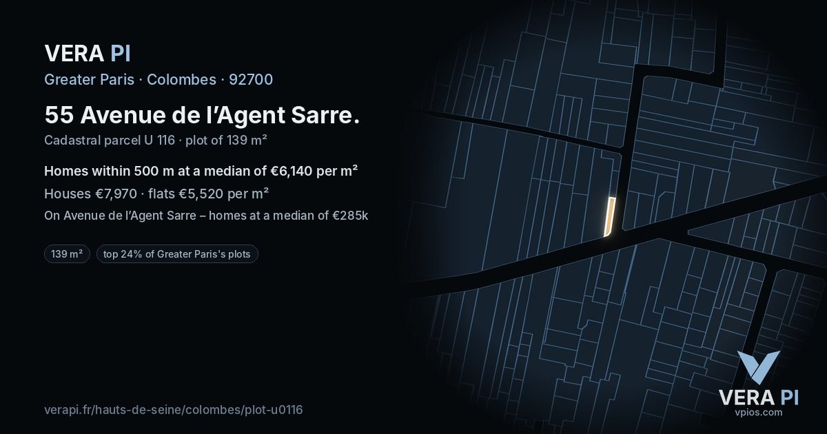 55 Avenue de l’Agent Sarre, Colombes at night – the plot lit, the parcels around coloured by the prices near them