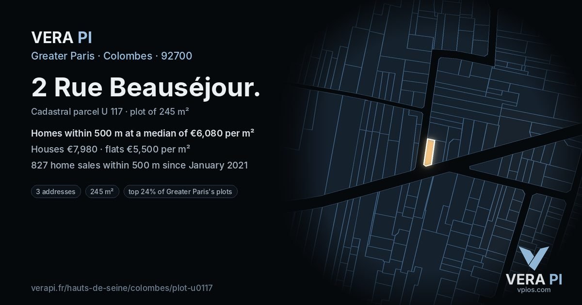 2 Rue Beauséjour, Colombes at night – the plot lit, the parcels around coloured by the prices near them