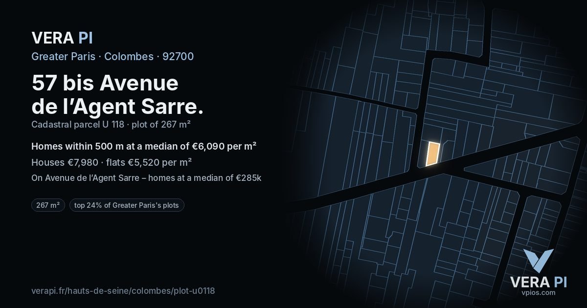 57 bis Avenue de l’Agent Sarre, Colombes at night – the plot lit, the parcels around coloured by the prices near them