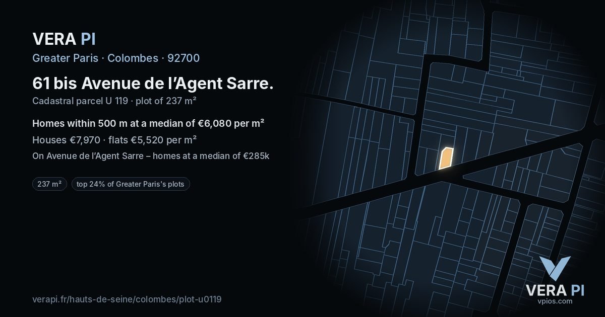 61 bis Avenue de l’Agent Sarre, Colombes at night – the plot lit, the parcels around coloured by the prices near them