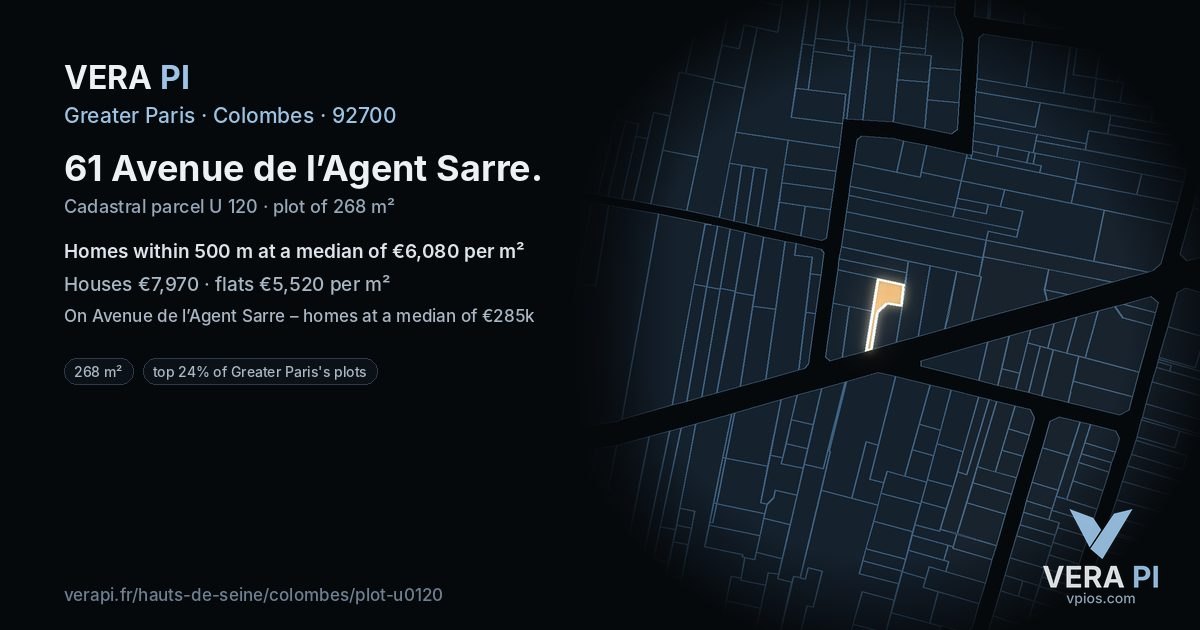 61 Avenue de l’Agent Sarre, Colombes at night – the plot lit, the parcels around coloured by the prices near them