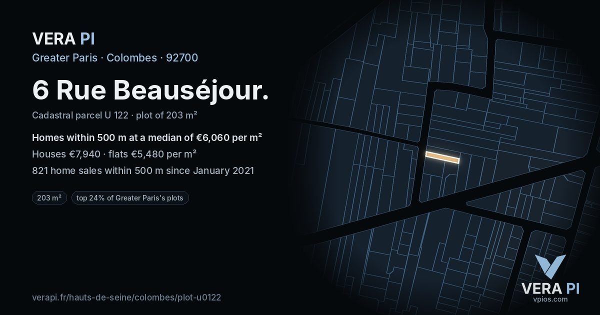 6 Rue Beauséjour, Colombes at night – the plot lit, the parcels around coloured by the prices near them