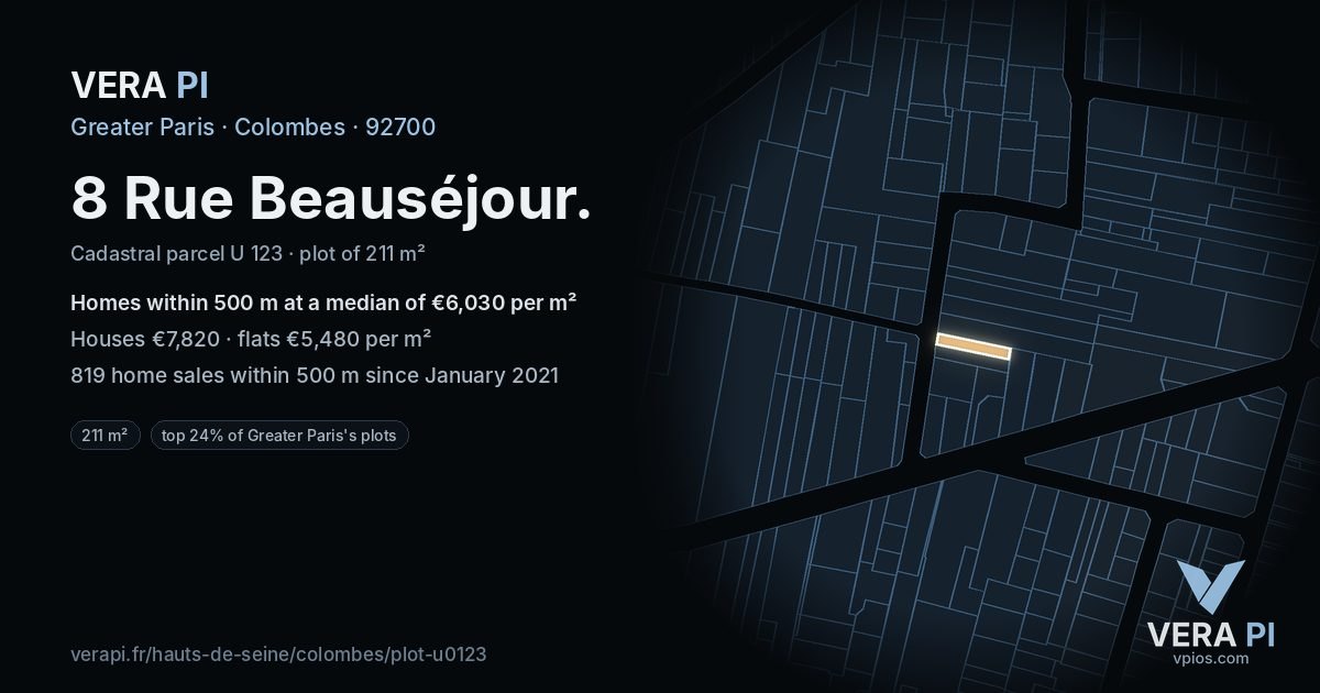 8 Rue Beauséjour, Colombes at night – the plot lit, the parcels around coloured by the prices near them