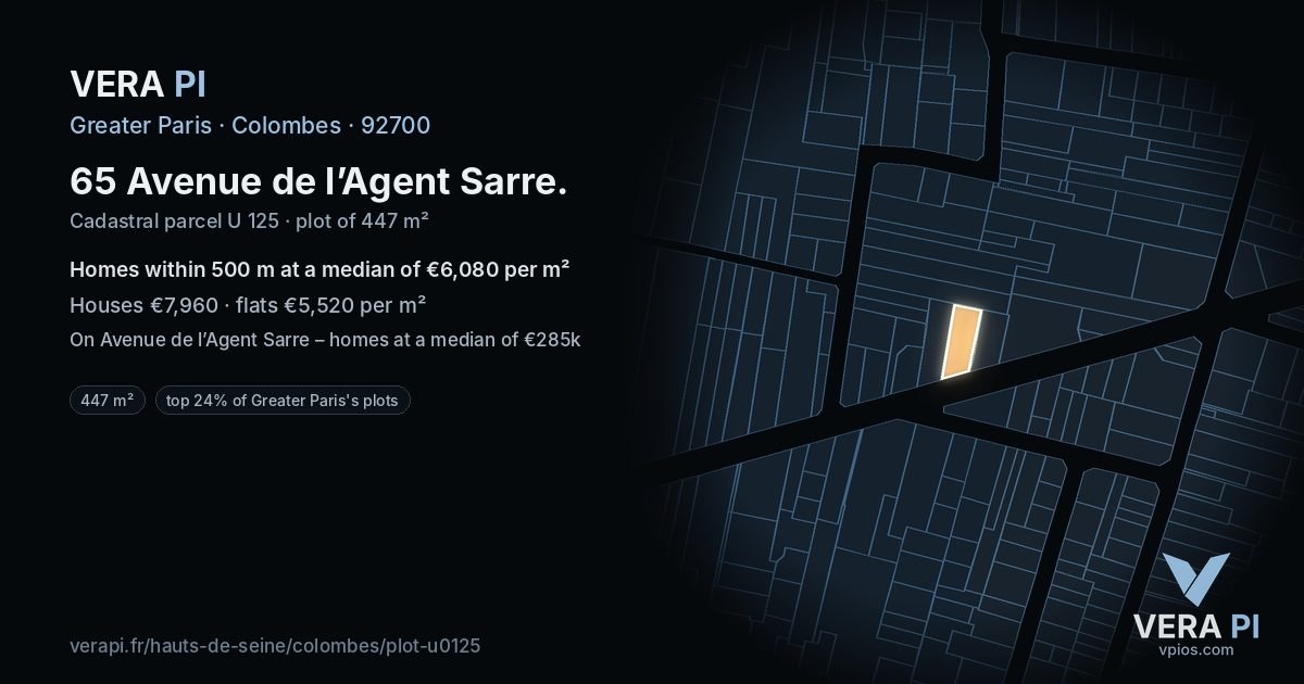 65 Avenue de l’Agent Sarre, Colombes at night – the plot lit, the parcels around coloured by the prices near them