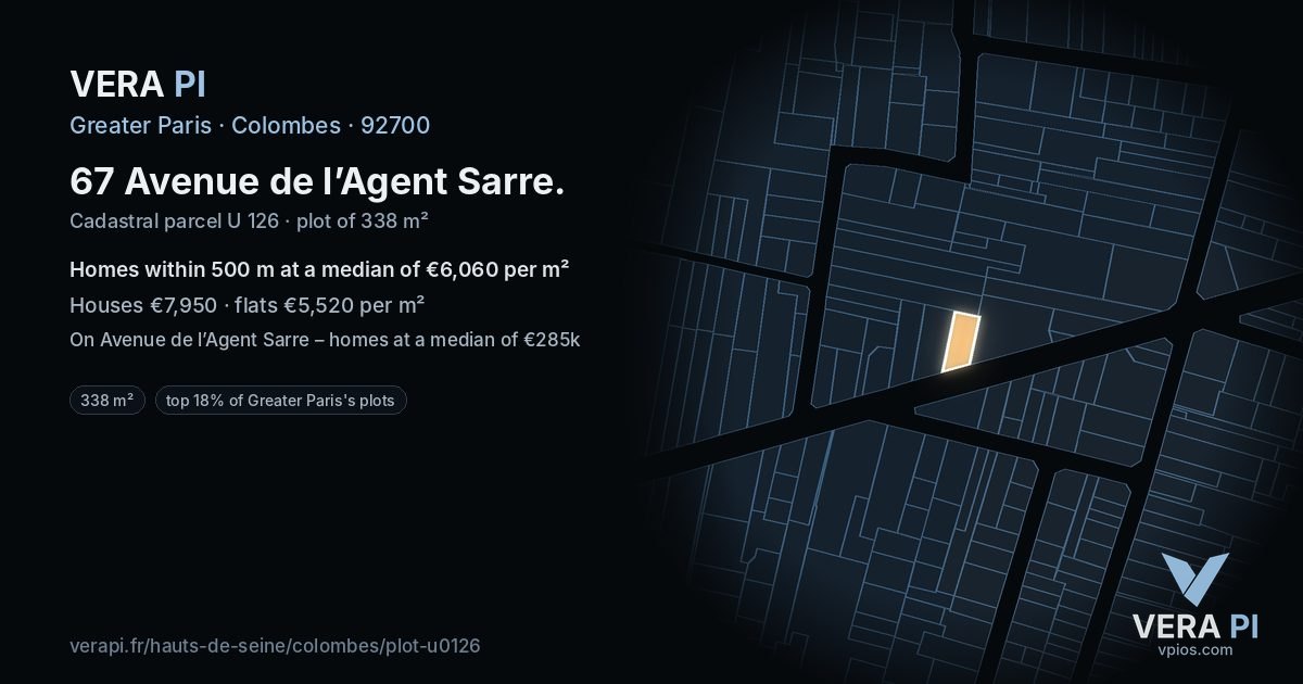 67 Avenue de l’Agent Sarre, Colombes at night – the plot lit, the parcels around coloured by the prices near them